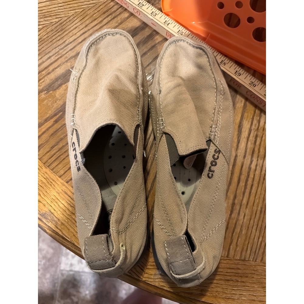 Crocs Santa Cruz Mens 11 Khaki Tan Canvas Slip On Loafers 11270